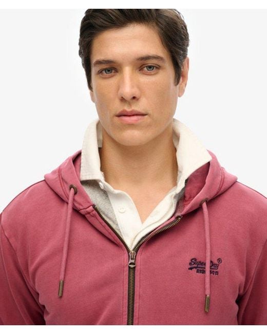 Superdry Red Essential Logo Washed Zip Hoodie for men