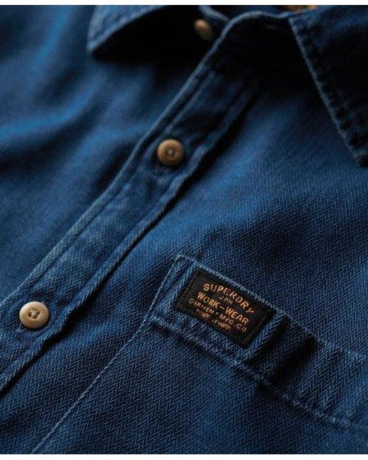 Superdry Blue Lightweight Herringbone Organic Cotton Long Sleeve Denim Shirt for men