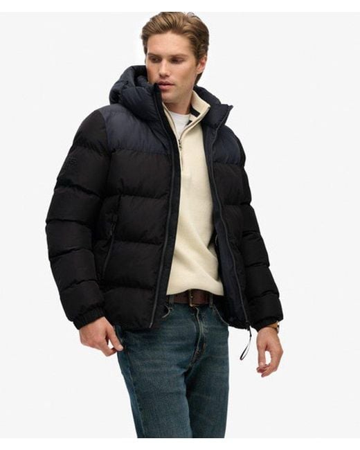 Superdry Black Colourblock Hooded Puffer Jacket for men