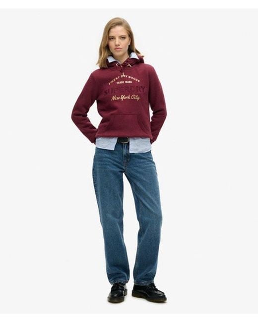 Femme Coton Sweat À Capuche Et Logo Métallisé Luxe, Taille Superdry en coloris Red