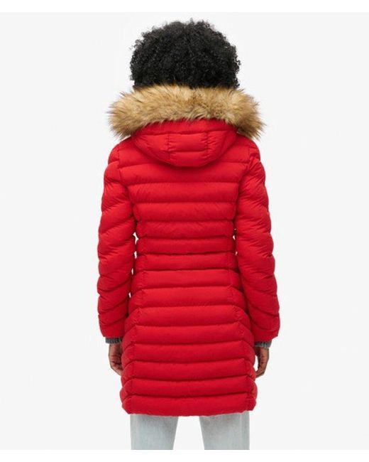 Superdry Red Fuji Faux Fur Hood Mid Length Puffer Coat