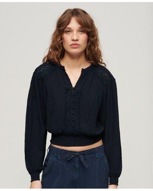 Superdry Blue Classic Long Sleeve Lace Trim Smocked Blouse