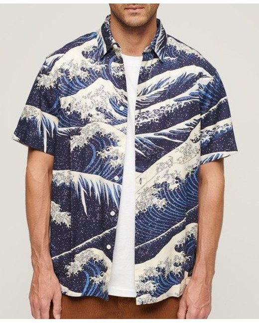 Superdry Blue Classic Wave Print Short Sleeve Hawaiian Shirt for men