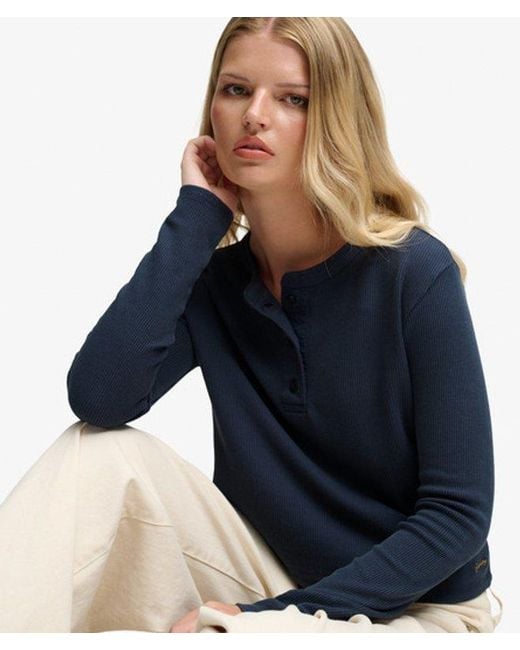 Superdry Blue Athletic Essential Waffle Button Long Sleeve Top
