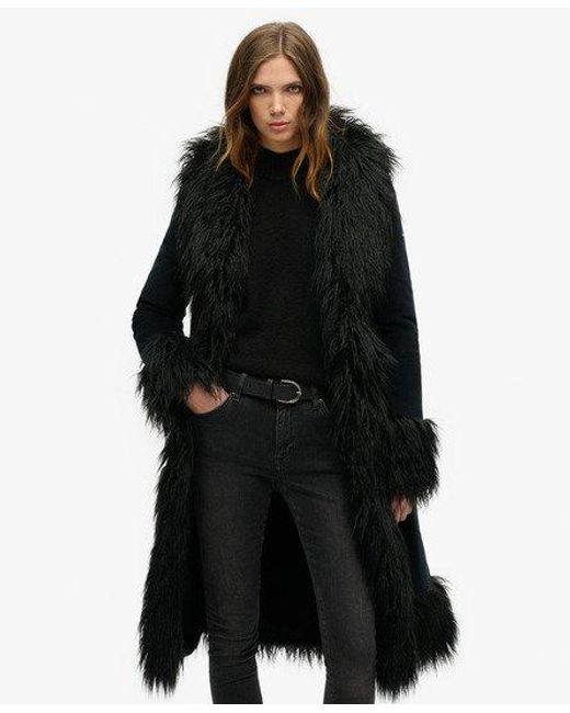 Superdry Black Faux Fur Lined Longline Afghan Coat