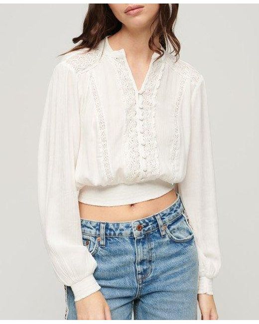 Superdry White Long Sleeve Lace Trim Smocked Blouse
