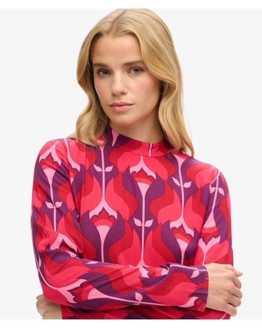 Superdry Red Printed Long Sleeve Mini Dress