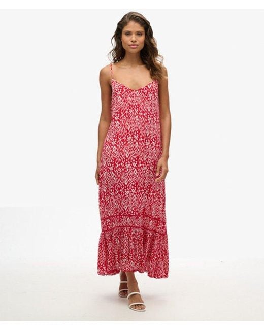 Superdry Red & Co Printed Long V-neck Cami Dress