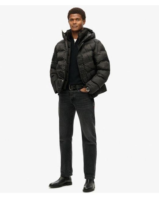 Superdry Black Hooded City Graphic Puffer Jacket for men
