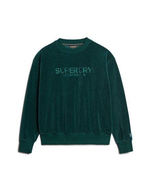 Superdry Green Ladies Boxy Fit Graphic Embroidered Velour Crew Sweatshirt