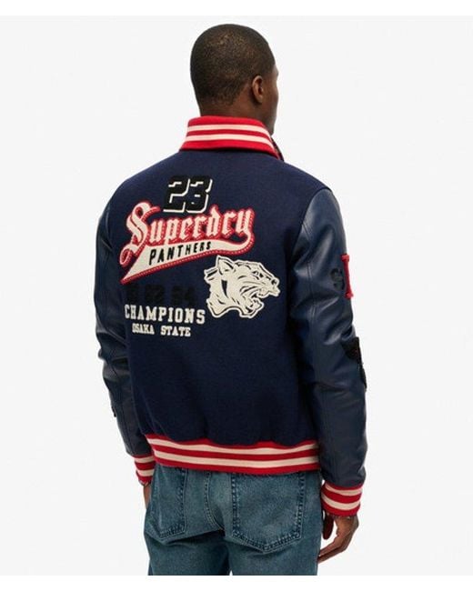 Superdry Blue College Varsity Patched Bomber Jacket for men