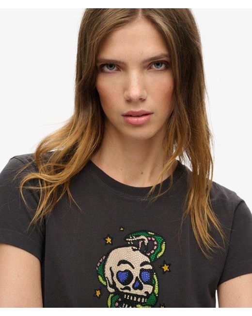 Petit t-shirt ajusté à strass effet tatouage Superdry en coloris Black