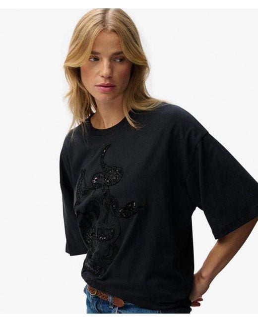 Superdry Black & Co Tattoo Embellished Oversized T-shirt