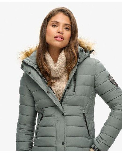 Superdry Blue Quilted Fuji Hooded Longline Puffer Coat