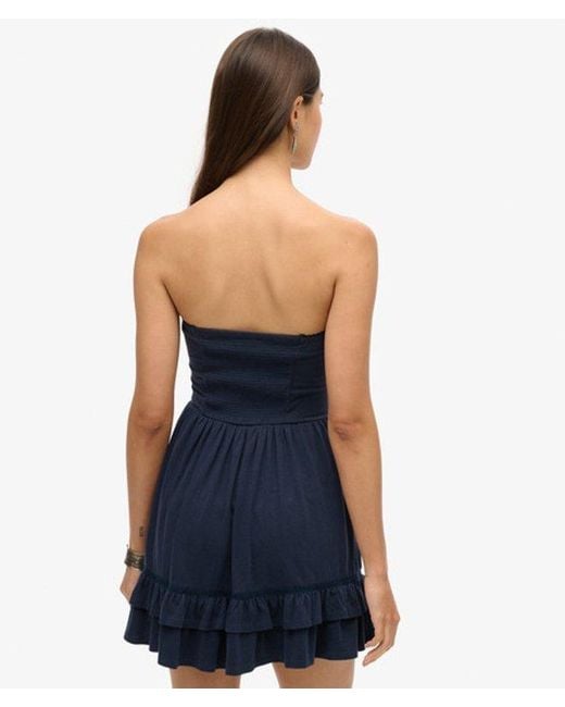 Superdry Blue Cotton 50s Lace Detail Detail Slim Fit Ruffle Bandeau Mini Dress