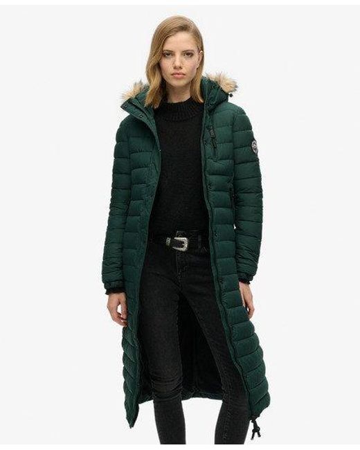 Superdry Green Faux Fur Hooded Longline Light Padded Puffer Coat