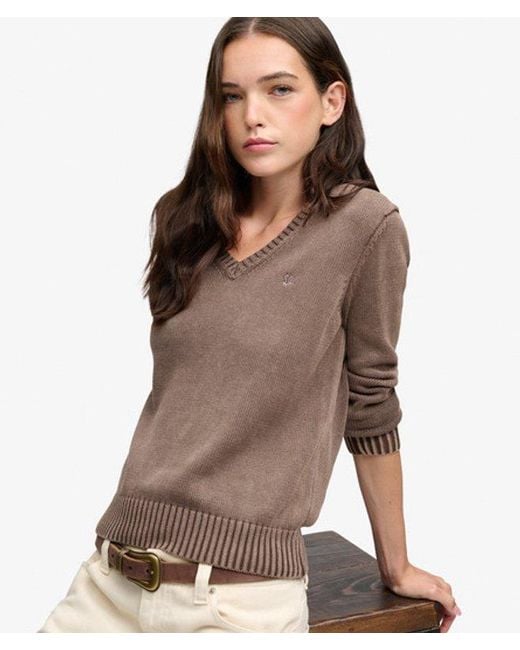 Superdry Brown & Co Washed V Neck Jumper