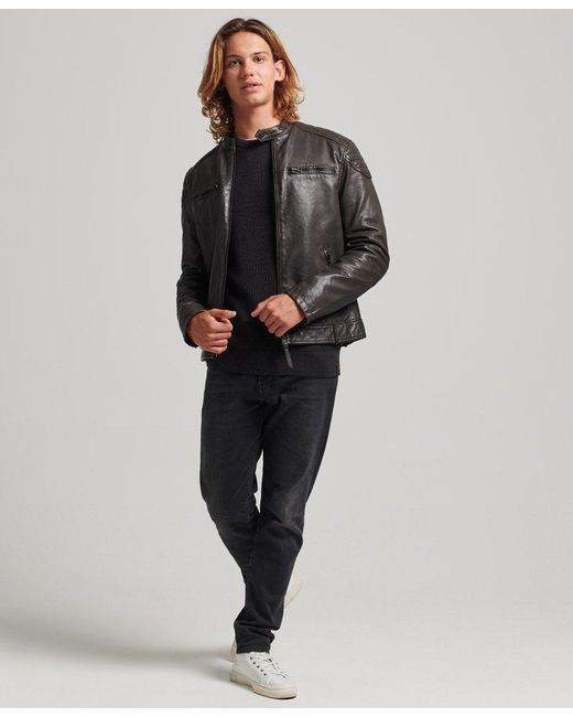 Superdry Black Leather Moto Racer Jacket Grey / Anthracite for men