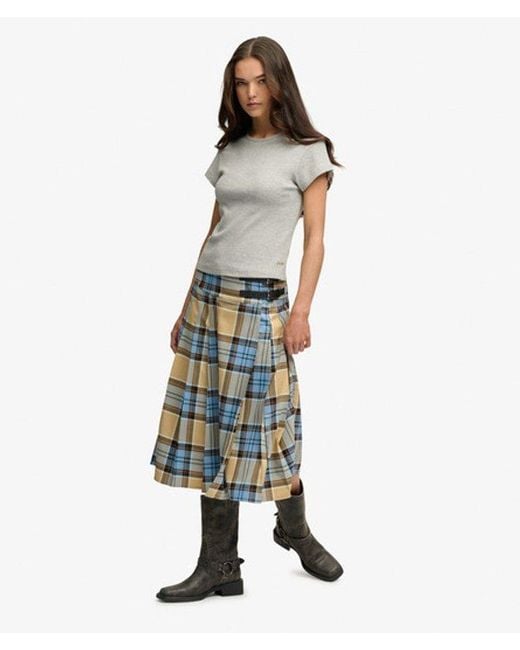 Superdry Blue & Co Check Pleated Midi Skirt