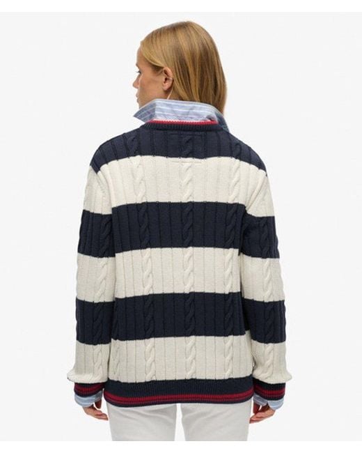Superdry Blue & Co Stripe Oversized Cable V Neck Jumper