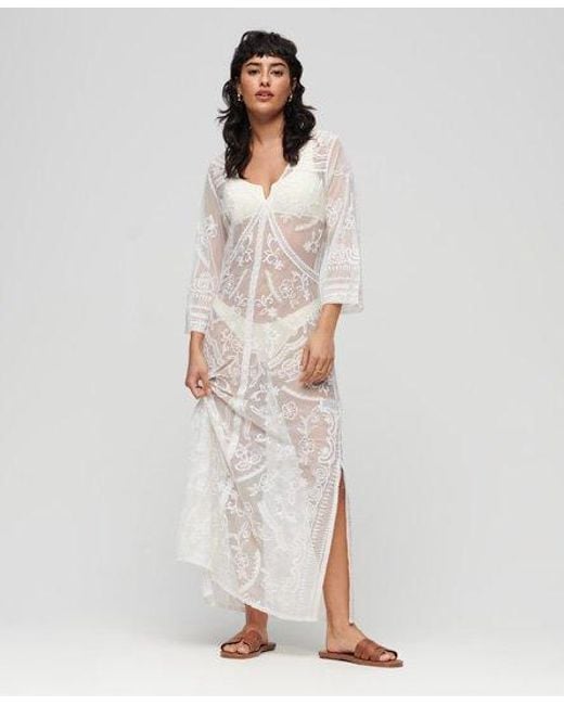 Superdry Beach Cover Up Maxi-jurk Met Kanten Details in het White