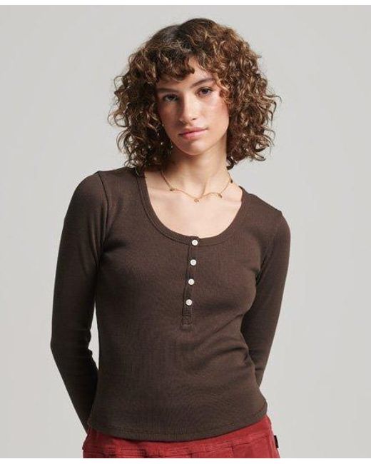 Superdry Brown Ladies Classic Vintage Button Down Long Sleeve Top