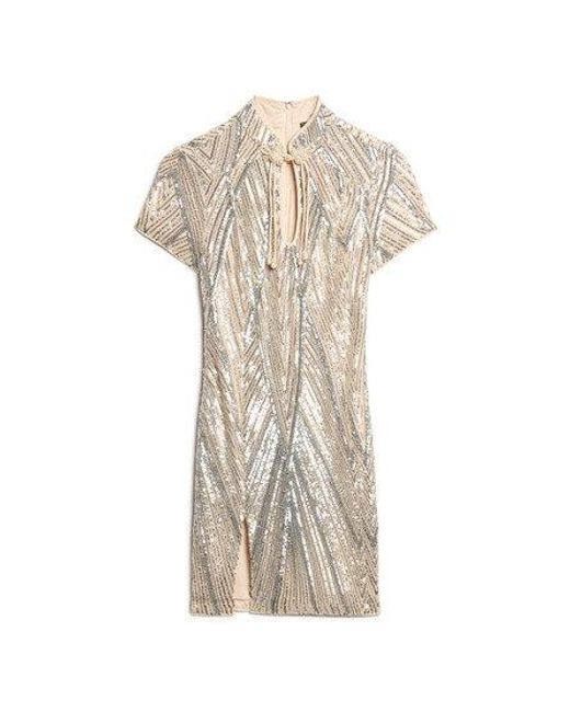 Superdry White Sequin Mandarin Mini Dress