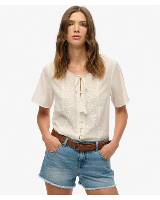 Superdry White Short Sleeve Embroidered Button Top
