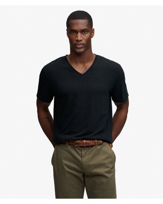 Superdry Blue Classic Cotton Linen V-Neckline T-Shirt for men