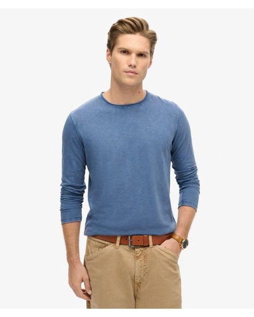 Superdry Blue Raw Edge Slub Long Sleeve Top for men