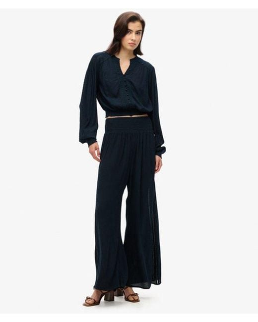 Superdry Blue & Co Classic Long Sleeve Lace Trim Smocked Blouse