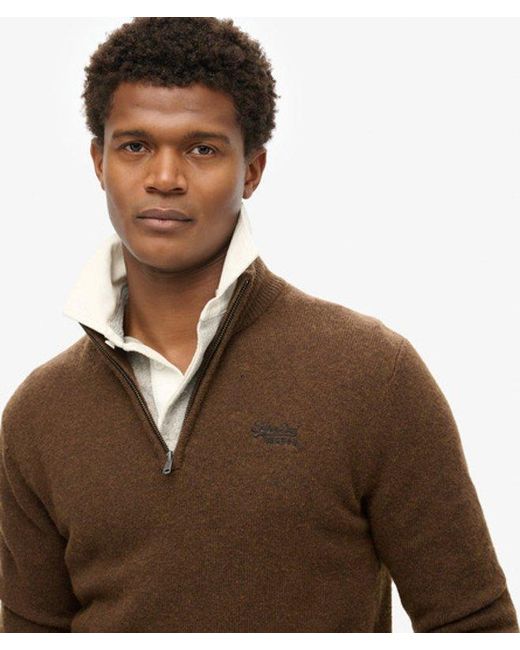 Superdry Brown Essential Embroidered Knitted Half Zip Jumper for men