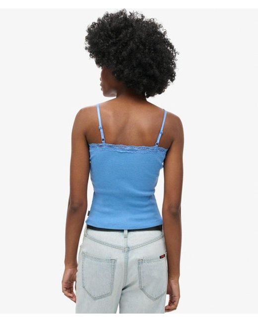 Superdry Blue & Co Organic Cotton Vintage Rib Lace Trim Cami Top