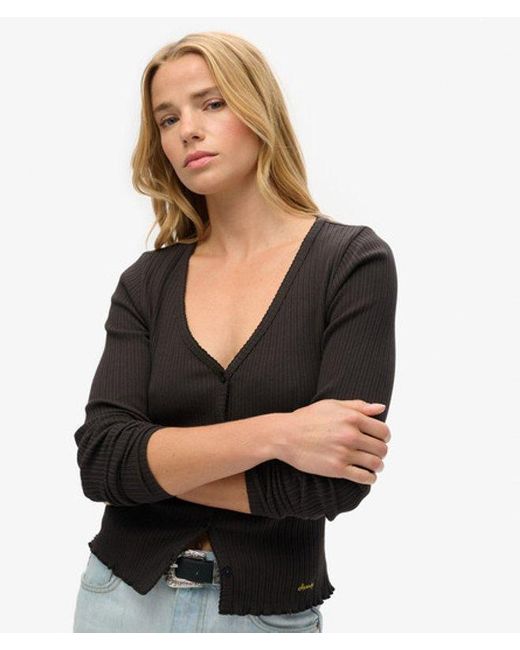 Superdry Black Ladies Slim Fit Ribbed Essential Button Through Long Sleeve Top