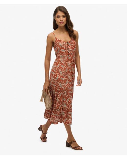 Superdry Brown Paisley Print Half Button Tiered Midi Dress