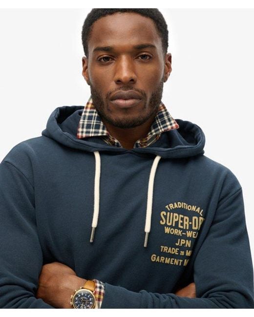 Superdry Blue & Co Workwear Flock Chest Graphic Hoodie for men