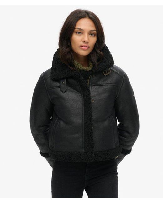 Superdry Black & Co Faux Shearling Cropped Aviator Jacket