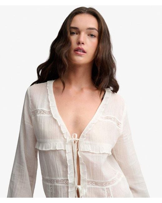 Superdry White & Co Long Sleeve Lace Tie Front Top