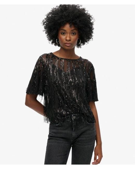 Superdry Black & Co Sheer Short Sleeve Sequin Top