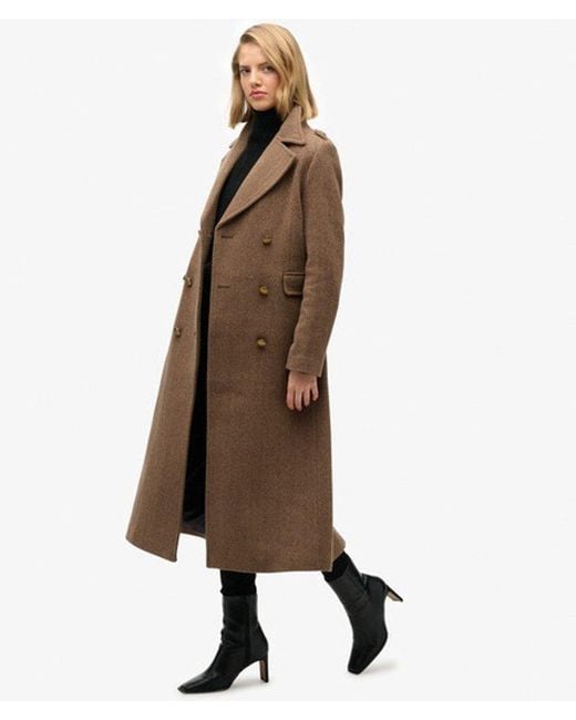 Superdry Brown Double Breasted Wool Blend Coat
