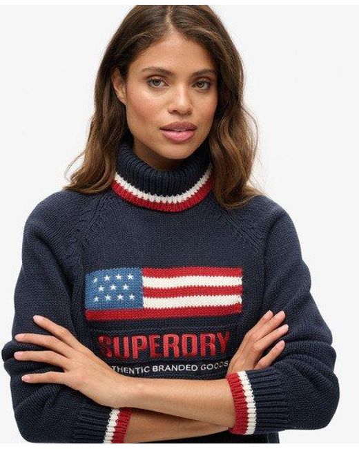 Superdry Blue Americana Roll Neck Knit Jumper