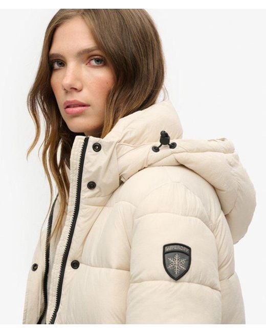 Superdry Natural & Co Classic Logo Badge Faux Fur Short Hooded Puffer Jacket
