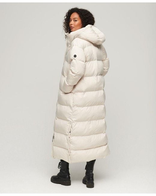 Superdry Maxi Hooded Puffer Coat in White | Lyst