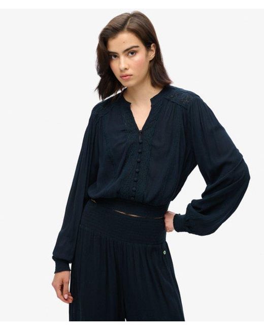 Superdry Blue & Co Classic Long Sleeve Lace Trim Smocked Blouse