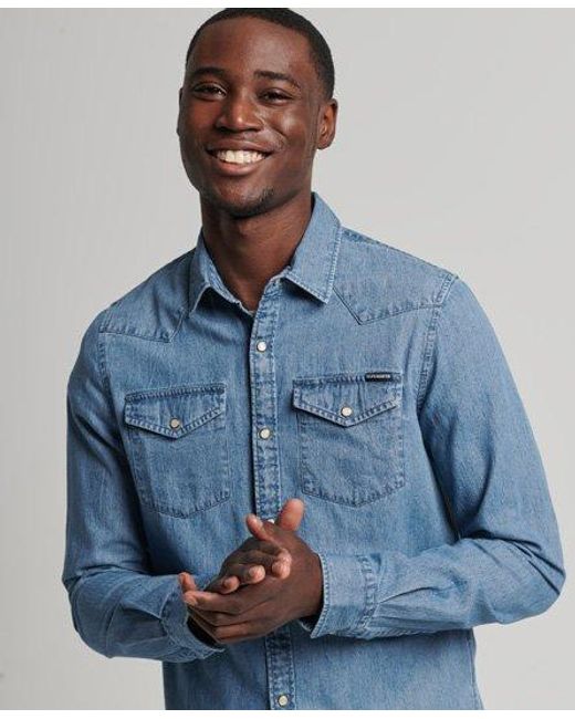 Superdry Blue Vintage Western Shirt Light Wash for men