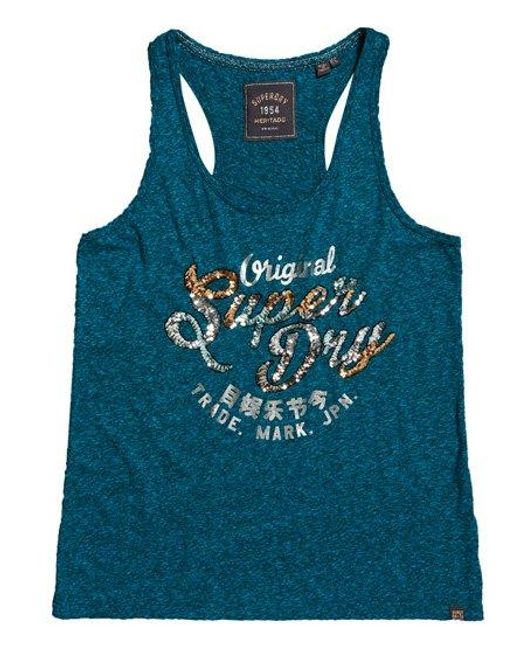 Superdry Blue New Original Carnival Sequin Vest Top Deep Atlantic Rugged