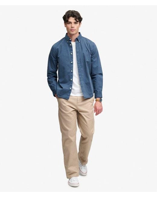 Superdry Blue Garment Dyed Long Sleeve Shirt for men