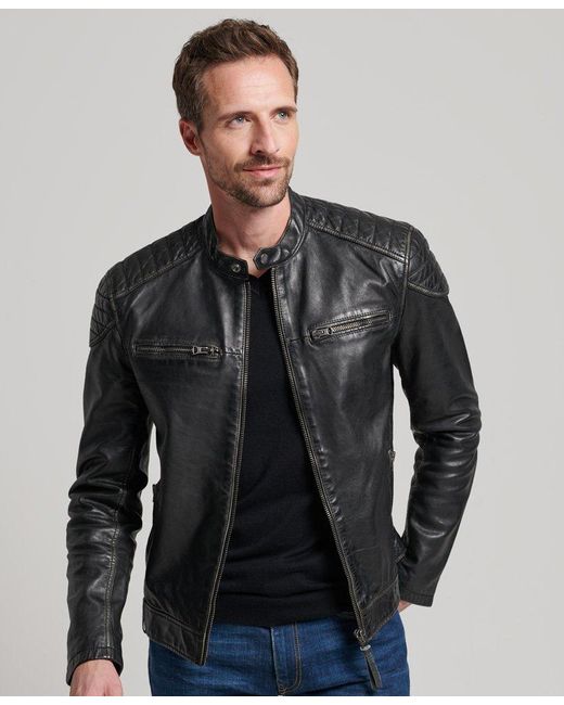 Superdry Gray Heritage Leather Moto Racer Jacket for men