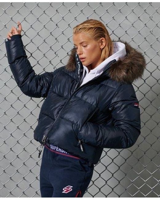 Superdry Gray Sport Puffer Borg Crop Jacket Eclipse