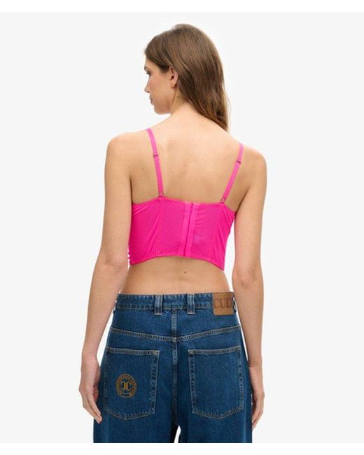 Superdry Pink Lace Ruched Mesh Crop Corset Top